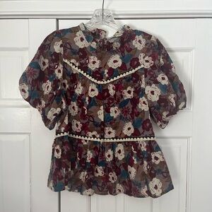 Entro Floral Puff Sleeve Blouse Peplum Size M